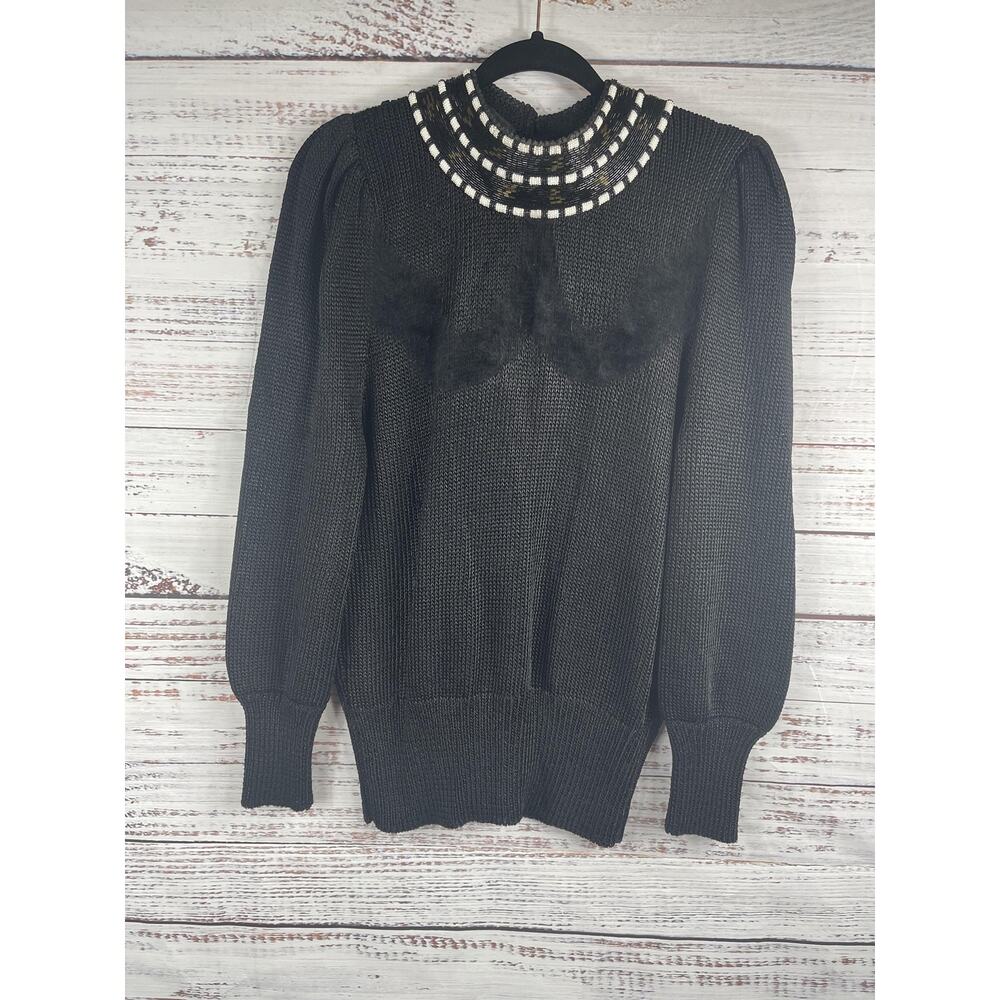Elizabeth Sweater Womens Size M Black Beaded Collar Long Sleeve Pullover 80s VTG